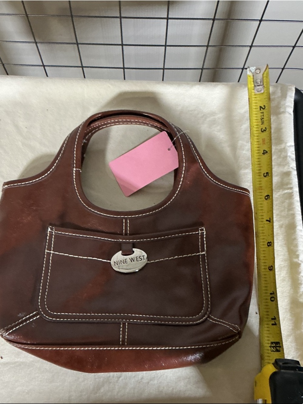 Nine West Brown Leather Top Handle Handbag Classic Structured + Scarf Accent - Picture 7 of 7